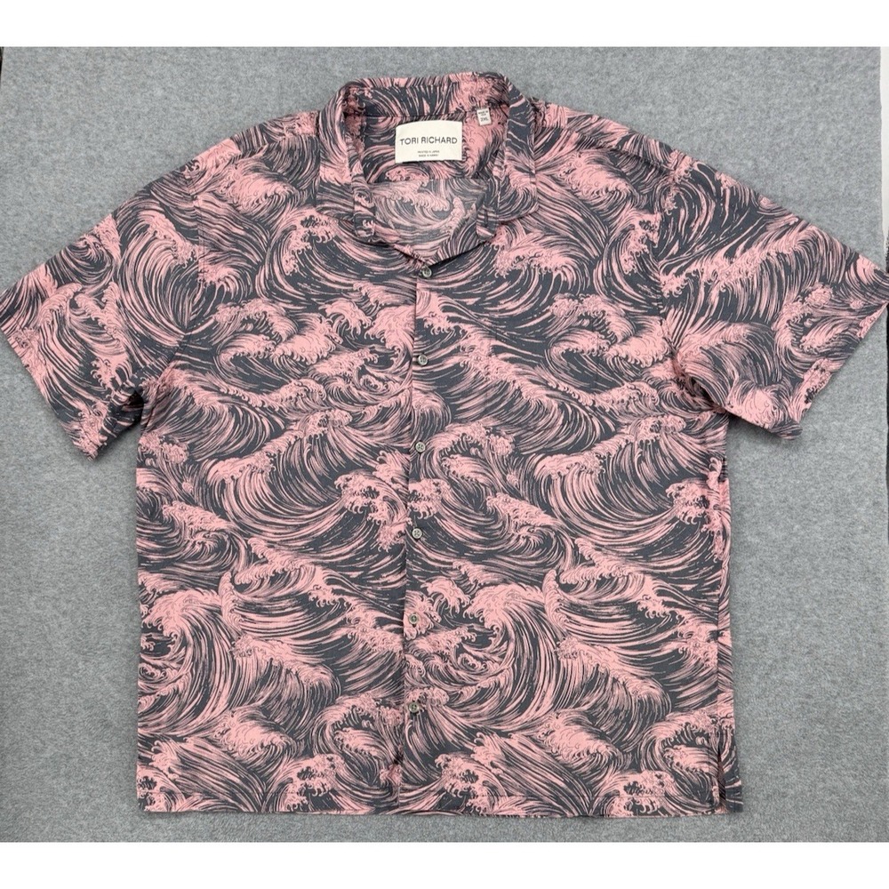 Vintage Hawaiian Shirt Tori Richard Wave Print Pink Black Made in Hawaii 2XL